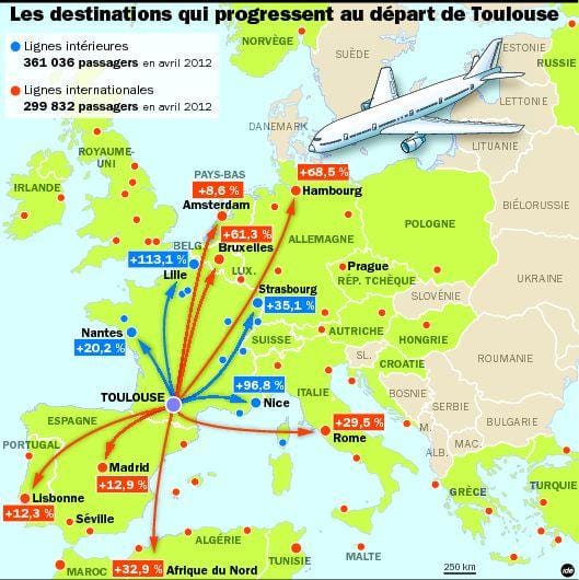 mapa de Toulouse destinos do aeroporto