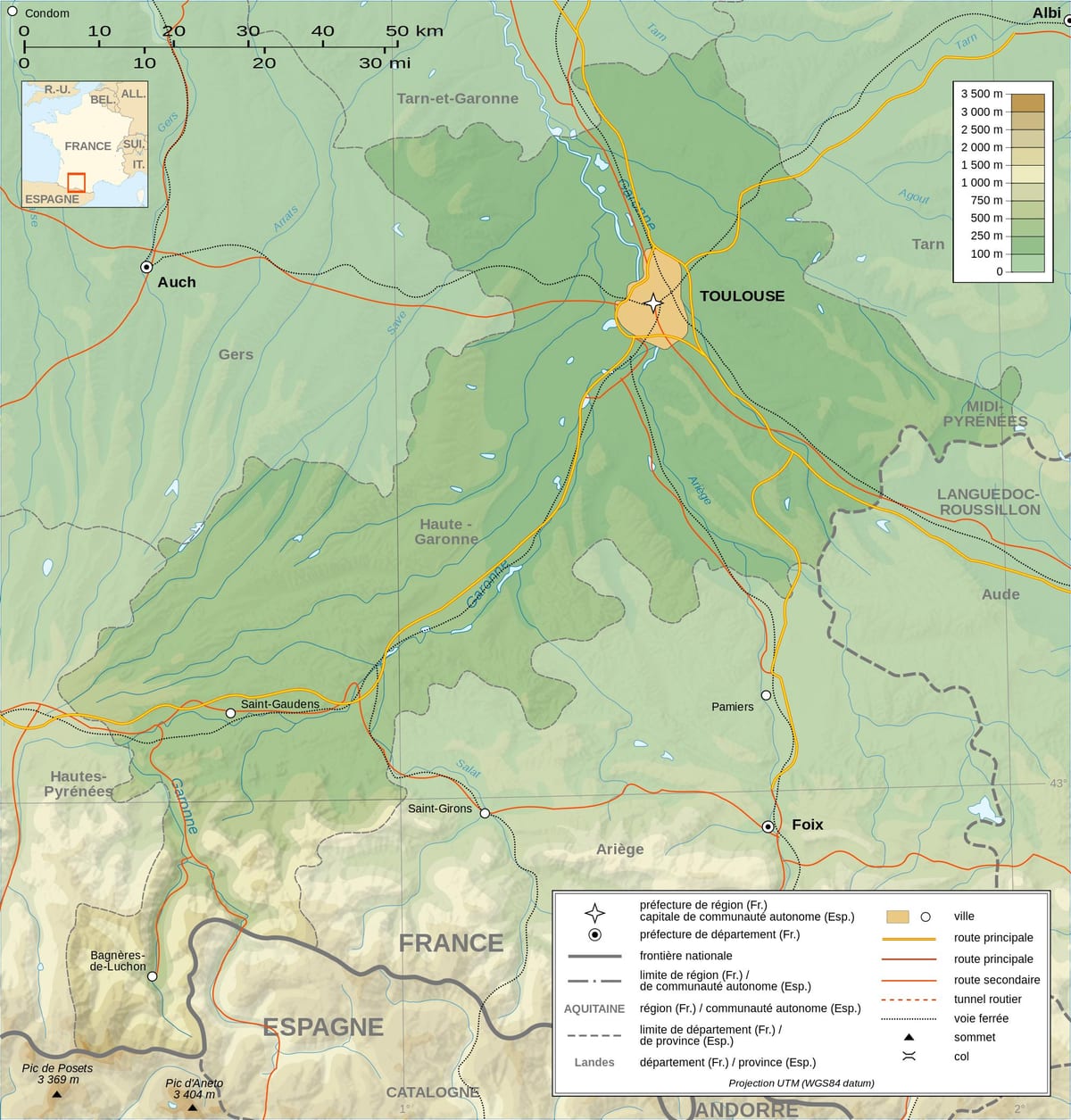 mapa topográfico de Toulouse