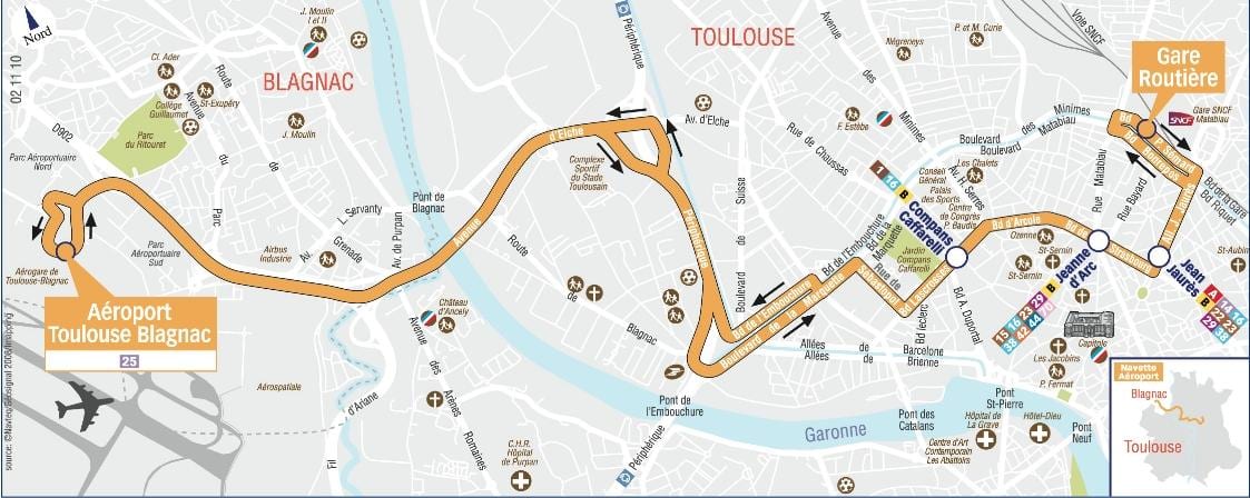 mapa de Toulouse rota de transporte do aeroporto 